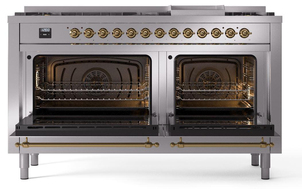 Nostalgie II 60 Inch Dual Fuel Natural Gas Freestanding Range in Stainless Steel with Brass Trim