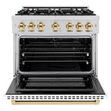 ZLINE Autograph Edition 36 in. 5.2 cu. ft. Select Dual Fuel Range with 6 Burner Gas Cooktop and Electric Convection Oven in Stainless Steel with White Matte Door and Polished Gold Accents (HDRZ-WM-36-G)