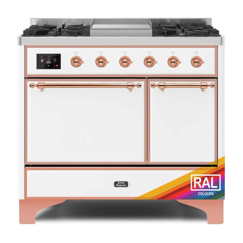 ILVE Majestic II 40 UMD10FDQNS3RAP Freestanding Dual Fuel Range with 6 Sealed Burners Yes Double Oven with Solid Door in RAL Color with Copper knobs