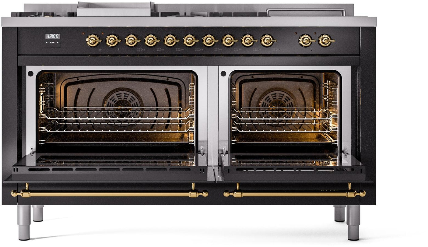 Nostalgie II 60 Inch Dual Fuel Liquid Propane Freestanding Range in Glossy Black with Brass Trim