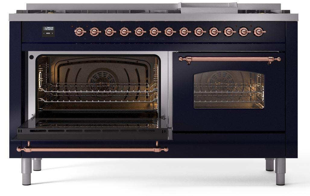 Nostalgie II 60 Inch Dual Fuel Liquid Propane Freestanding Range in Blue with Copper Trim