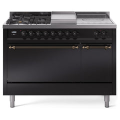 ILVE Nostalgie II 48 UP48FSQNMPBKB Freestanding Dual Fuel Range with 5 Sealed Burners Yes and French Top Double Oven with Solid Door in Glossy Black with Bronze knobs