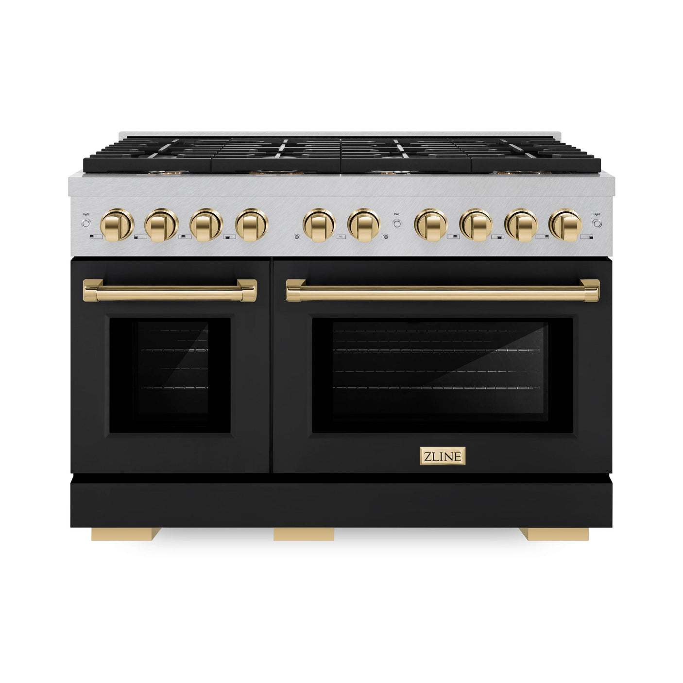 ZLINE Autograph Edition 48 in. 6.7 cu. ft. Paramount Double Oven Gas Range with 8 Burner Cooktop in DuraSnow' Stainless Steel with Black Matte Doors and Polished Gold Accents (SGRSZ-BLM-48-G)