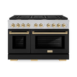 ZLINE Autograph Edition 48 in. 6.7 cu. ft. Paramount Double Oven Gas Range with 8 Burner Cooktop in DuraSnow' Stainless Steel with Black Matte Doors and Polished Gold Accents (SGRSZ-BLM-48-G)