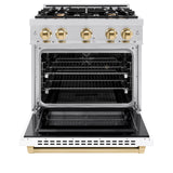 ZLINE Autograph Edition 30 in. 4.2 cu. ft. Select Dual Fuel Range with 4 Burner Gas Cooktop and Electric Convection Oven in Stainless Steel with White Matte Door and Polished Gold Accents (HDRZ-WM-30-G)