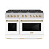 ZLINE Autograph Edition 48 in. 6.7 cu. ft. 8 Burner Double Oven Gas Range in DuraSnow' Stainless Steel with White Matte Doors and Polished Gold Accents (SGRSZ-WM-48-G)