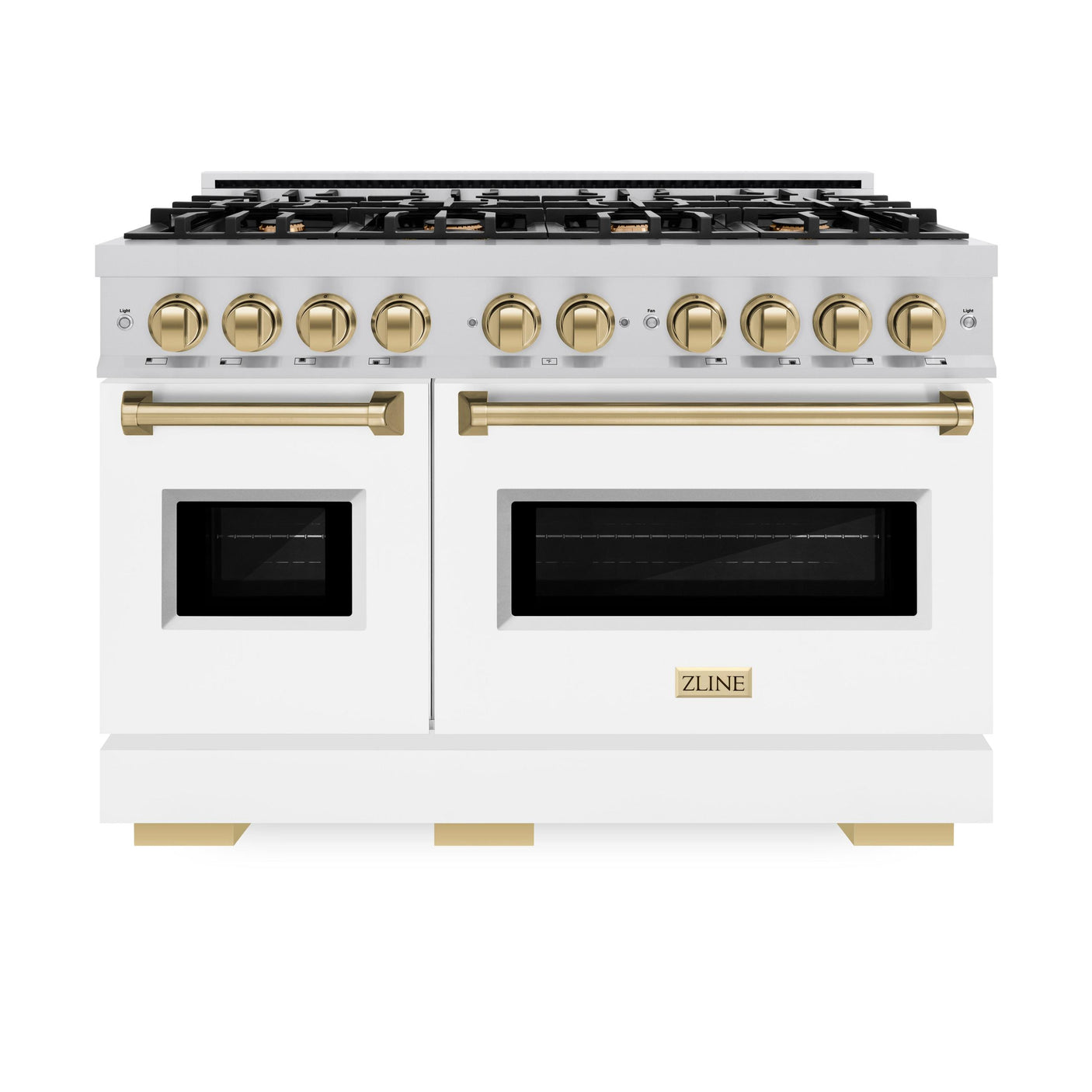 ZLINE Autograph Edition 48 in. 6.7 cu. ft. Classic Double Oven Dual Fuel Range with 8 Burner Gas Cooktop in Stainless Steel with White Matte Doors and Champagne Bronze Accents (CDRZ-WM-48-CB)