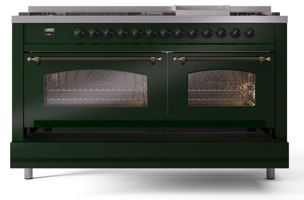 Nostalgie II 60 Inch Dual Fuel Natural Gas Freestanding Range in Emerald Green with Bronze Trim