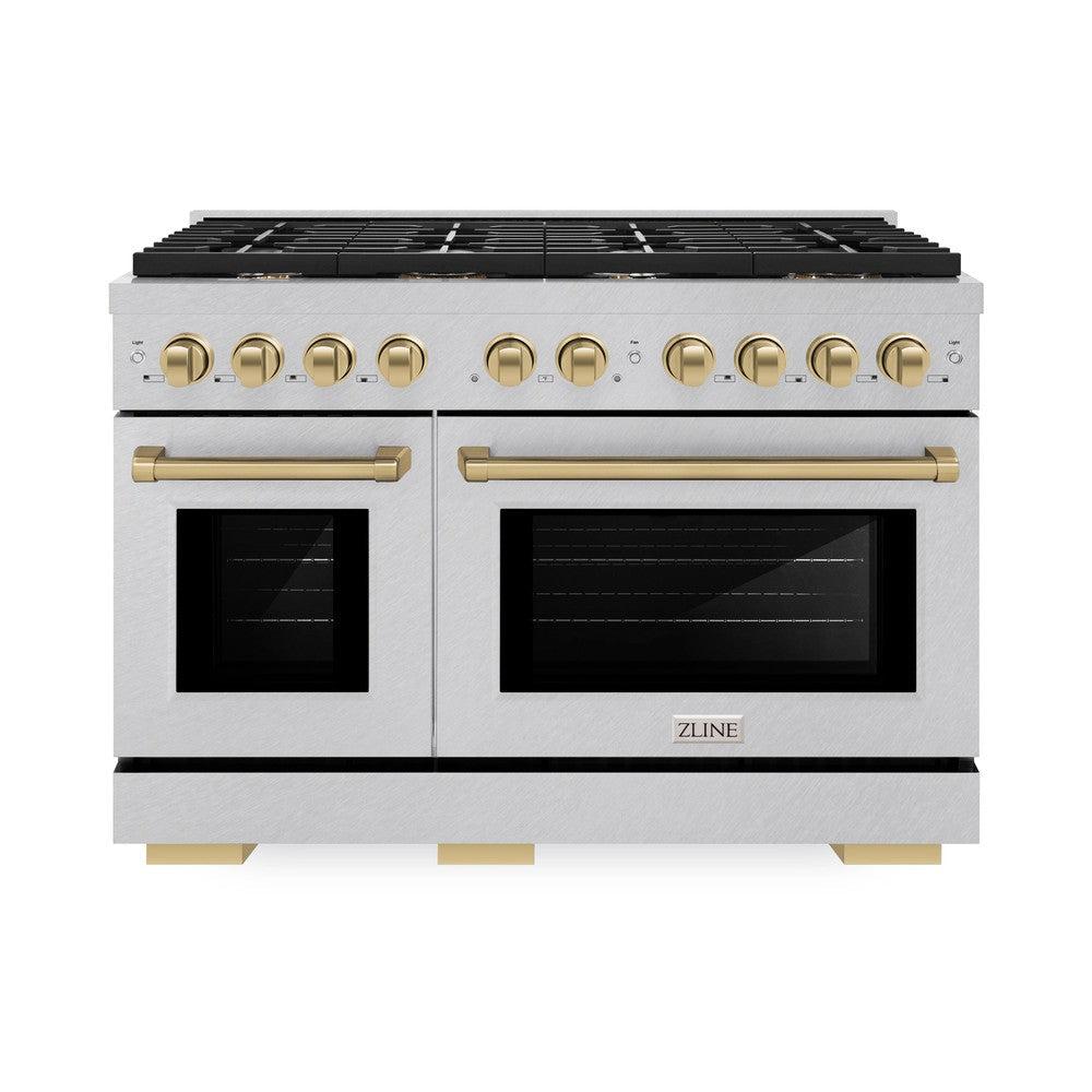 ZLINE Autograph Edition 48 in. 6.7 cu. ft. Paramount Double Oven Dual Fuel Range with 8 Burner Gas Cooktop in DuraSnow' Stainless Steel and Champagne Bronze Accents (SDRSZ-48-CB)