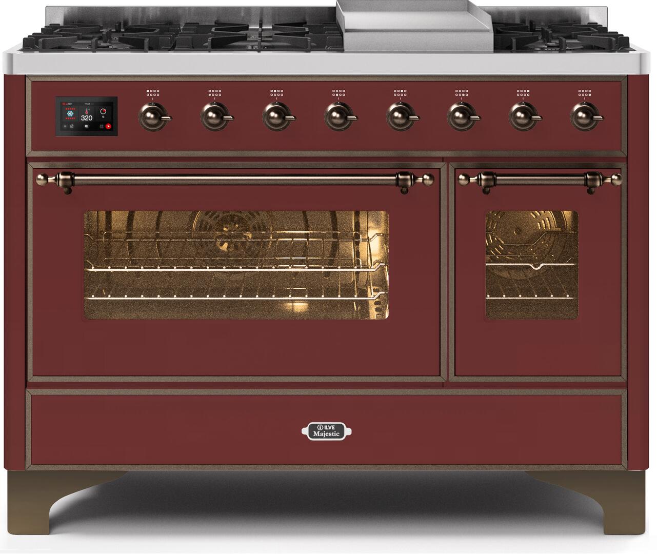 Majestic II 48 Inch Dual Fuel Liquid Propane Freestanding Range in Burgundy with Bronze Trim