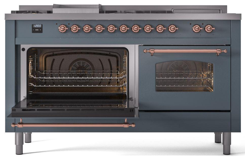 Nostalgie II 60 Inch Dual Fuel Liquid Propane Freestanding Range in Blue Grey with Copper Trim