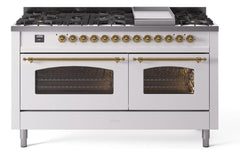 Nostalgie II 60 Inch Dual Fuel Natural Gas Freestanding Range in White with Brass Trim