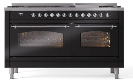 Nostalgie II 60 Inch Dual Fuel Natural Gas Freestanding Range in Glossy Black with Chrome Trim