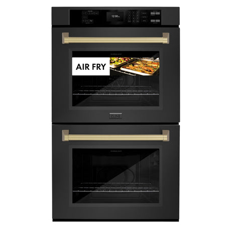 ZLINE 30 in. Autograph Edition Professional True Convection Double Wall Oven with Air Fry and Self Clean in Black Stainless Steel with Champagne Bronze Handles (WADBZ-30-CB)