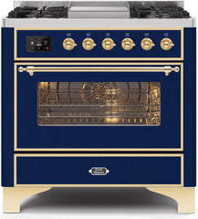 Majestic II 36 Inch Dual Fuel Natural Gas Freestanding Range in Blue with Brass Trim