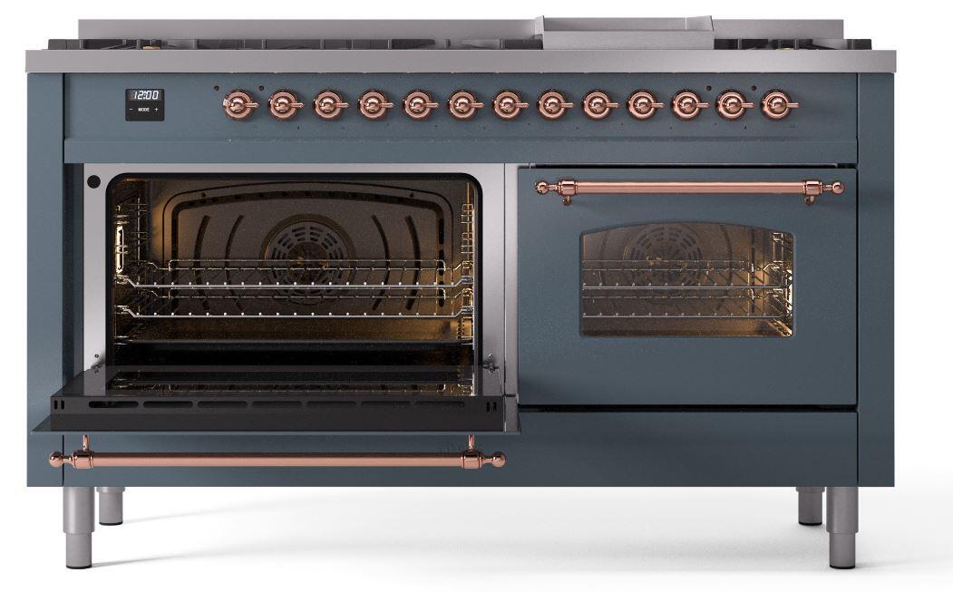 Nostalgie II 60 Inch Dual Fuel Liquid Propane Freestanding Range in Blue Grey with Copper Trim