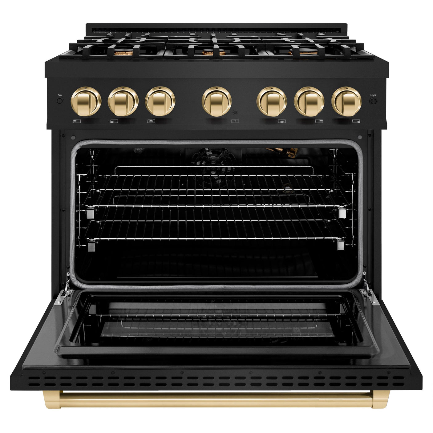 ZLINE Autograph Edition 36 in. 5.2 cu. ft. Select Gas Range with 6 Burner Cooktop and Convection Gas Oven in Black Stainless Steel and Polished Gold Accents (HGRBZ-36-G)