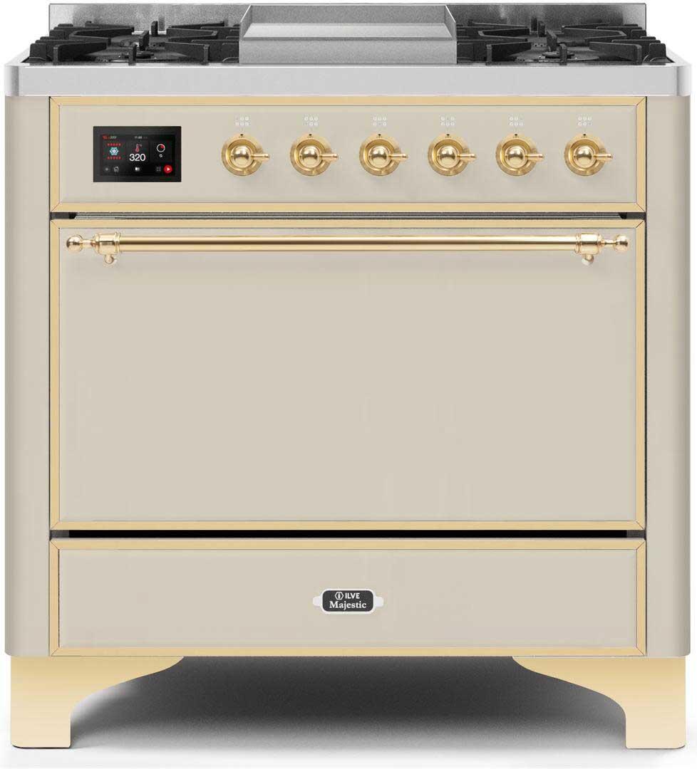 Majestic II 36 Inch Dual Fuel Liquid Propane Freestanding Range in Antique White with Brass Trim