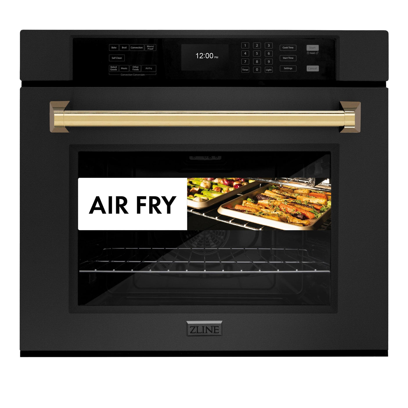 ZLINE 30 in. Autograph Edition Professional True Convection Single Wall Oven with Air Fry and Self Clean in Black Stainless Steel with Champagne Bronze Handle (WASBZ-30-G)