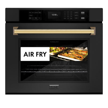 ZLINE 30 in. Autograph Edition Professional True Convection Single Wall Oven with Air Fry and Self Clean in Black Stainless Steel with Champagne Bronze Handle (WASBZ-30-G)