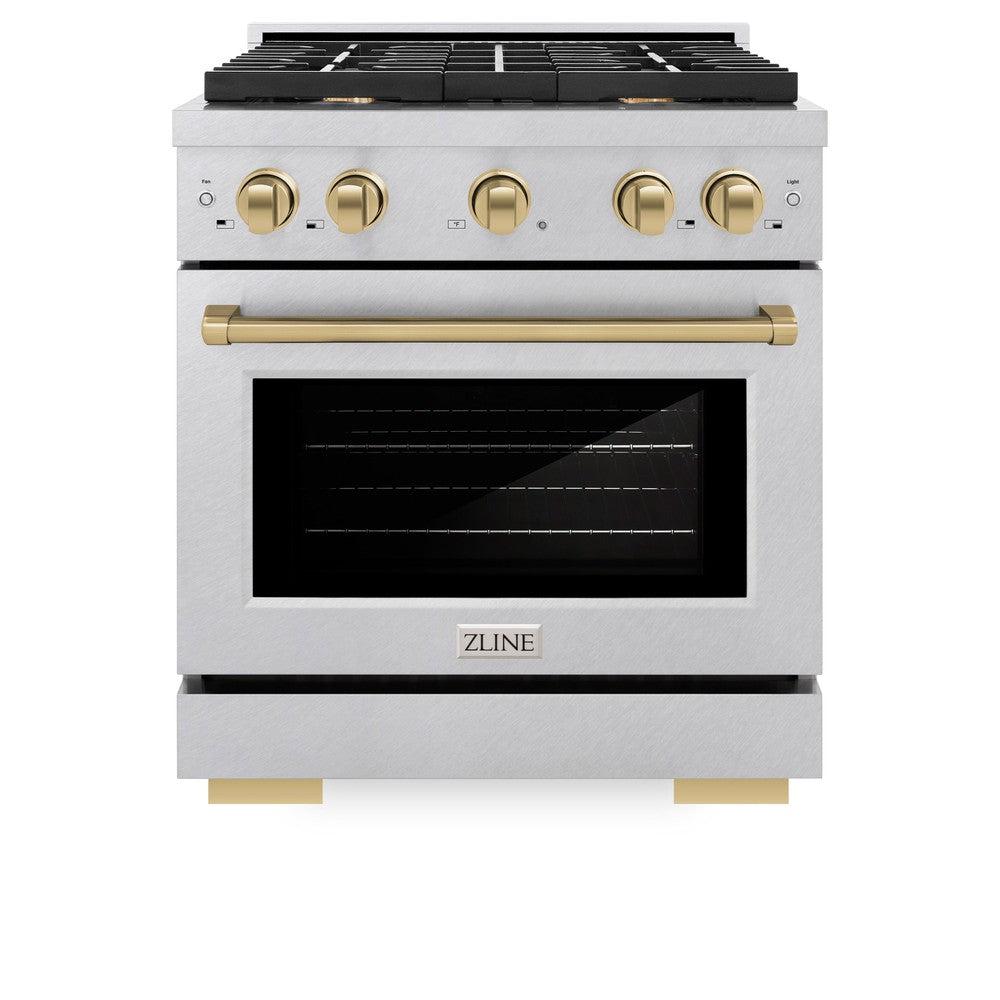 ZLINE Autograph Edition 30 in. 4.2 cu. ft. Paramount Dual Fuel Range with 4 Burner Gas Cooktop and Electric Convection Oven in DuraSnow' Stainless Steel with Champagne Bronze Accents (SDRSZ-30-CB)