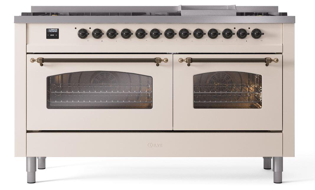 Nostalgie II 60 Inch Dual Fuel Liquid Propane Freestanding Range in Antique White with Bronze Trim