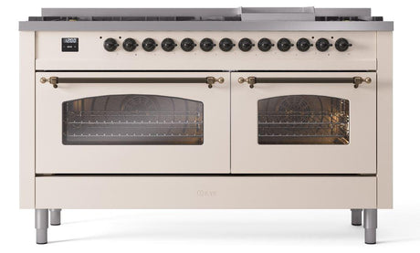 Nostalgie II 60 Inch Dual Fuel Liquid Propane Freestanding Range in Antique White with Bronze Trim