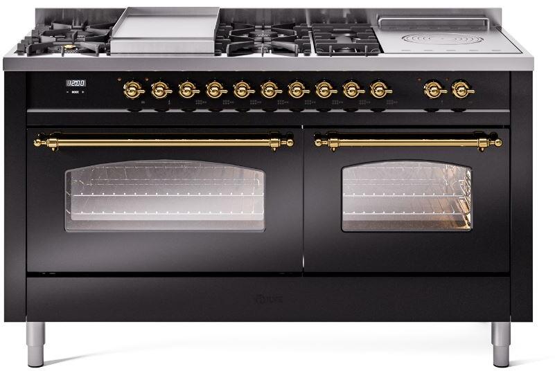 Nostalgie II 60 Inch Dual Fuel Natural Gas Freestanding Range in Glossy Black with Brass Trim