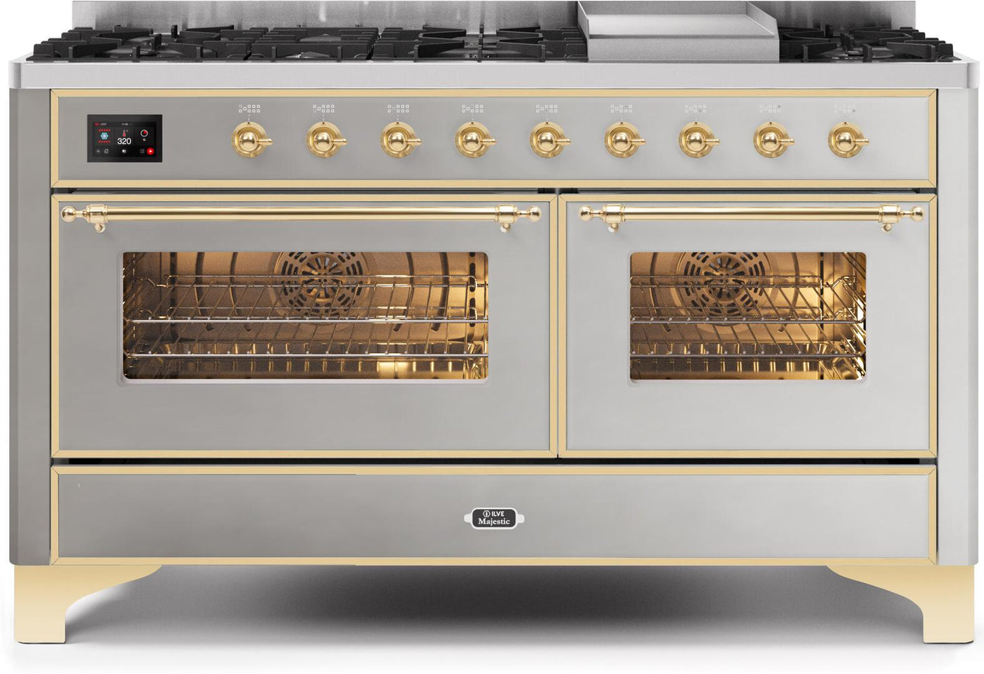 Majestic II 60 Inch Dual Fuel Natural Gas Freestanding Range in Stainless Steel with Brass Trim