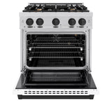 ZLINE Autograph Edition 30 in. 4.2 cu. ft. Select Gas Range with 4 Burner Cooktop and Convection Gas Oven in Stainless Steel with White Matte Door and Matte Black Accents (HGRZ-WM-30-MB)