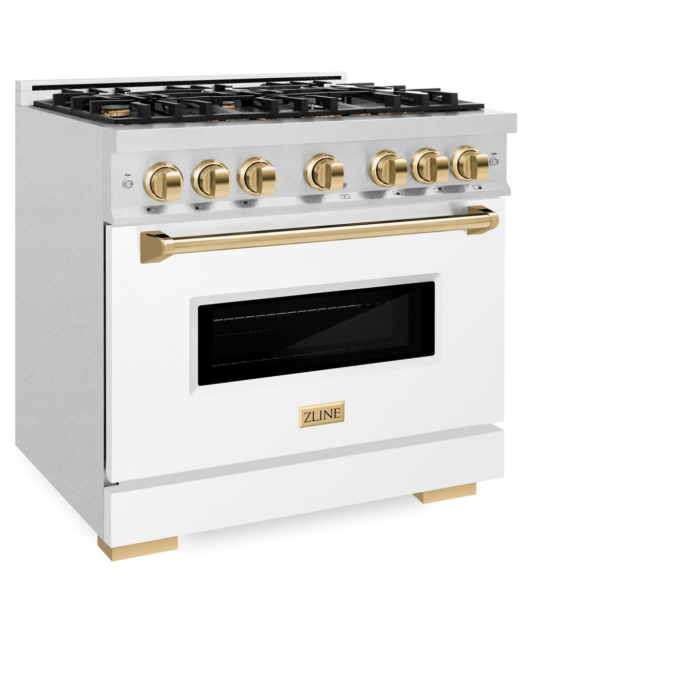 ZLINE Autograph Edition 36 in. 5.2 cu. ft. Classic Gas Range with 6 Burner Cooktop and Convection Gas Oven in DuraSnow' Stainless Steel with White Matte Door and Polished Gold Accents (CGRSZ-WM-36-G)