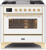 Majestic II 36 Inch Dual Fuel Natural Gas Freestanding Range in White with Brass Trim