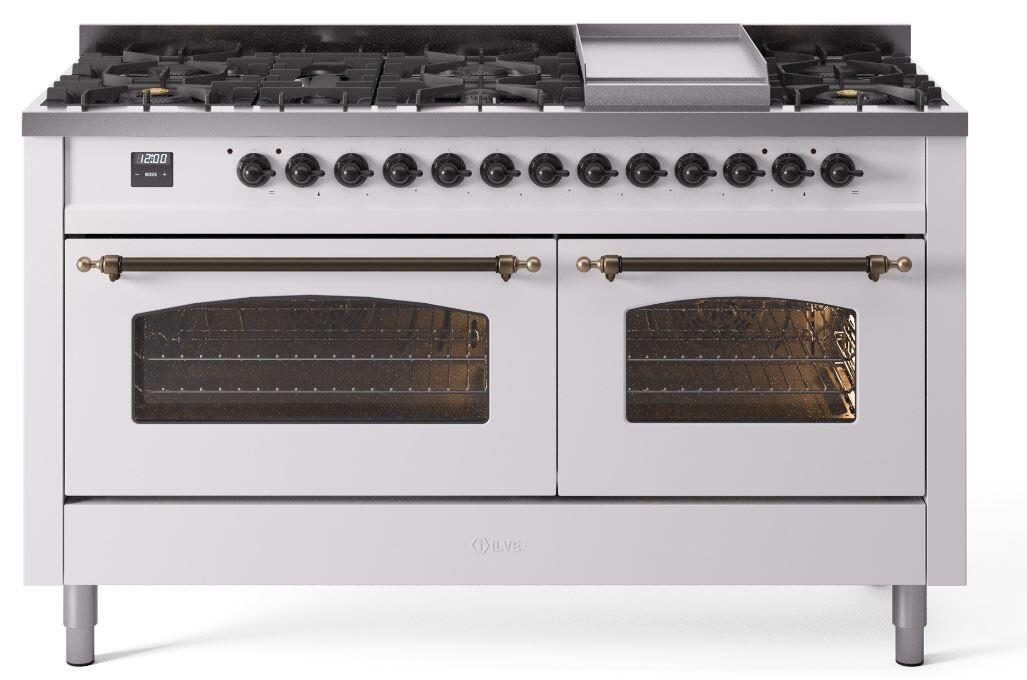 Nostalgie II 60 Inch Dual Fuel Liquid Propane Freestanding Range in White with Bronze Trim