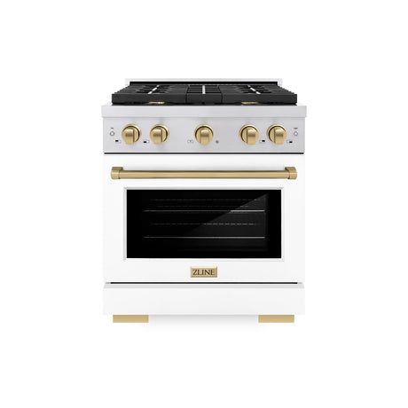 ZLINE Autograph Edition 30 in. 4.2 cu. ft. Paramount Dual Fuel Range with 4 Burner Gas Cooktop and Electric Convection Oven in Stainless Steel with White Matte Door and Champagne Bronze Accents (SDRZ-WM-30-CB)