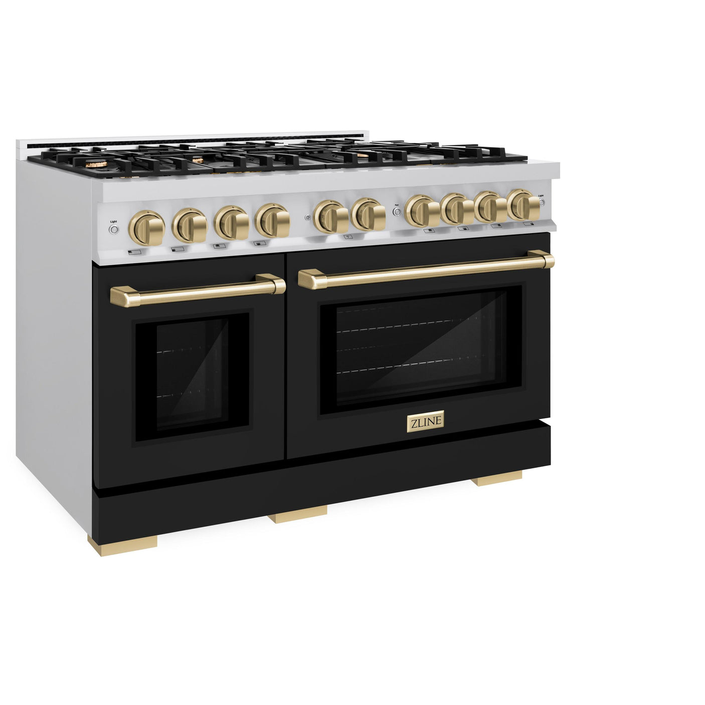 ZLINE Autograph Edition 48 in. 6.7 cu. ft. Select Double Oven Dual Fuel Range with 8 Burner Gas Cooktop in Stainless Steel with Black Matte Doors and Champagne Bronze Accents (HDRZ-BLM-48-CB)