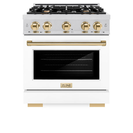 ZLINE Autograph Edition 30 in. 4.2 cu. ft. Select Gas Range with 4 Burner Cooktop and Convection Gas Oven in DuraSnow' Stainless Steel with White Matte Door and Polished Gold Accents (HGRSZ-WM-30-G)