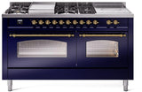 Nostalgie II 60 Inch Dual Fuel Liquid Propane Freestanding Range in Blue with Brass Trim