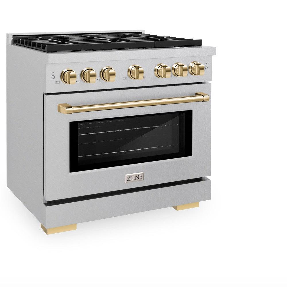 ZLINE Autograph Edition 36 in. 5.2 cu. ft. Paramount Dual Fuel Range with 6 Burner Gas Cooktop and Electric Convection Oven in DuraSnow' Stainless Steel with Polished Gold Accents (SDRSZ-36-G)