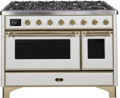 Majestic II 48 Inch Dual Fuel Liquid Propane Freestanding Range in White with Brass Trim