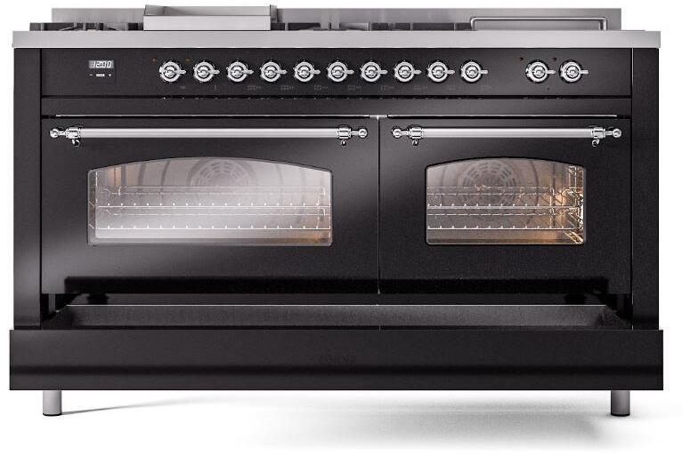 Nostalgie II 60 Inch Dual Fuel Natural Gas Freestanding Range in Glossy Black with Chrome Trim