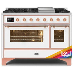 ILVE Majestic II 48 UM12FDNS3RAP Freestanding Dual Fuel Range with 8 Sealed Burners Yes Double Oven with Triple Glass Door in RAL Color with Copper knobs