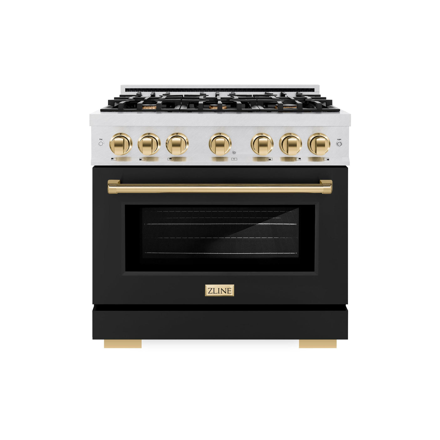 ZLINE Autograph Edition 36 in. 5.2 cu. ft. Select Dual Fuel Range with 6 Burner Gas Cooktop and Electric Convection Oven in DuraSnow' Stainless Steel with Black Matte Door and Polished Gold Accents (HDRSZ-BLM-36-G)