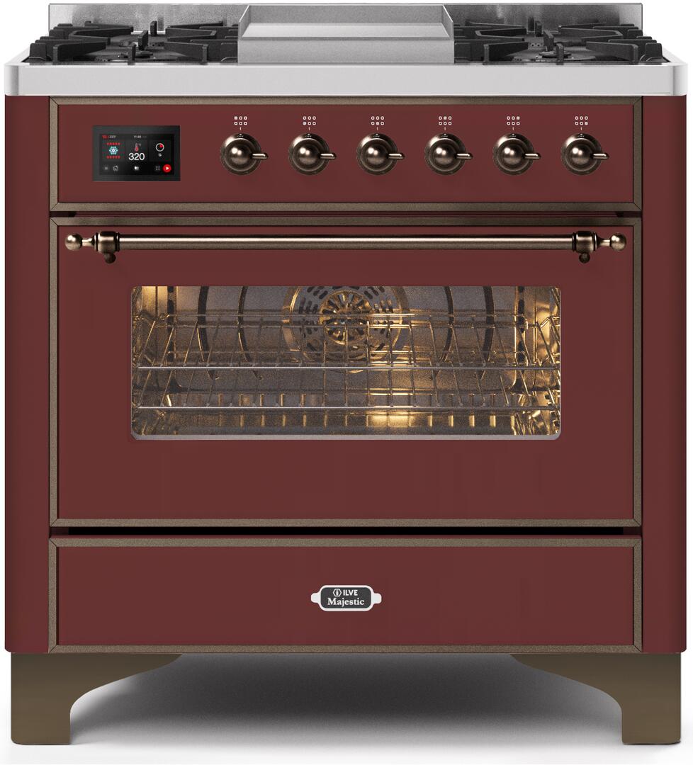 Majestic II 36 Inch Dual Fuel Natural Gas Freestanding Range in Burgundy with Bronze Trim