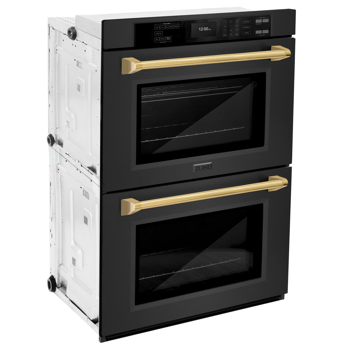 ZLINE 30 in. Autograph Edition Professional True Convection Double Wall Oven with Air Fry and Self Clean in Black Stainless Steel with Polished Gold Handles (WADBZ-30-G)