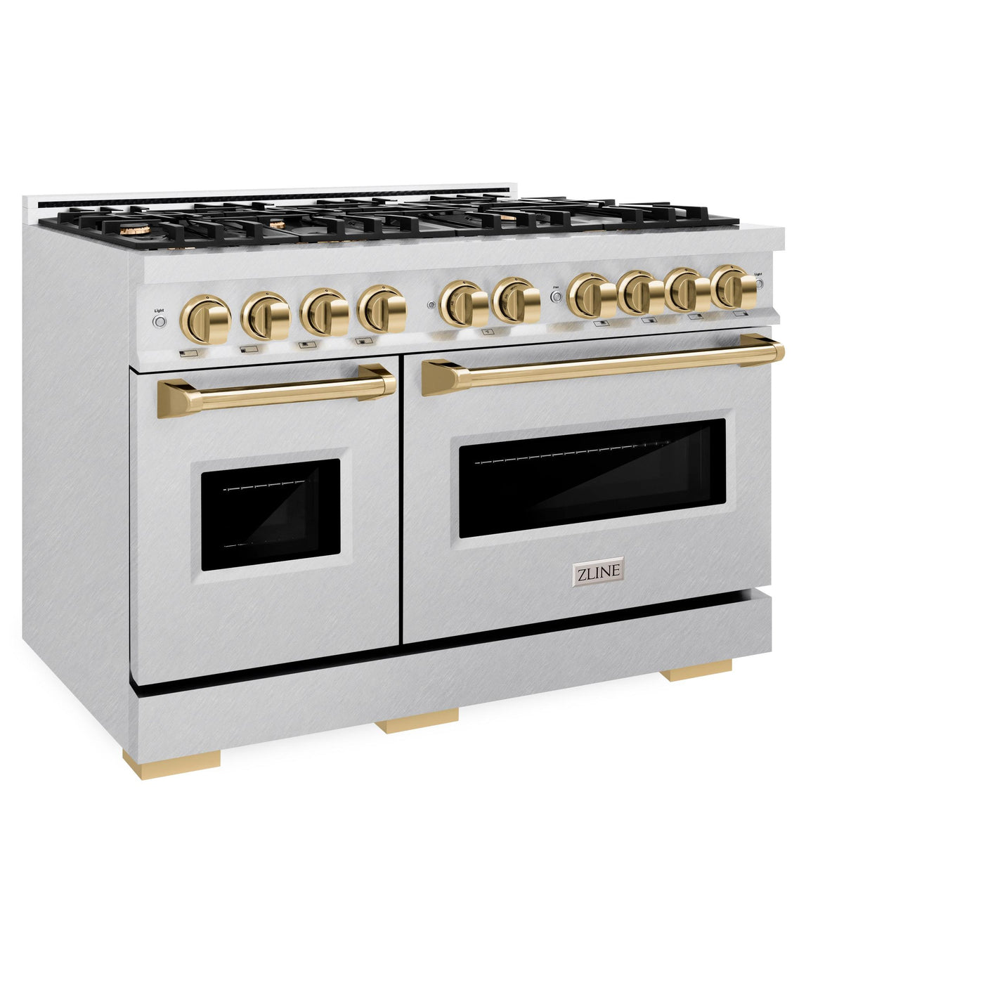 ZLINE Autograph Edition 48 in. 6.7 cu. ft. Classic Double Oven Dual Fuel Range with 8 Burner Gas Cooktop in DuraSnow' Stainless Steel and Polished Gold Accents (CDRSZ-48-G)