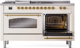 Nostalgie II 60 Inch Dual Fuel Natural Gas Freestanding Range in Antique White with Brass Trim