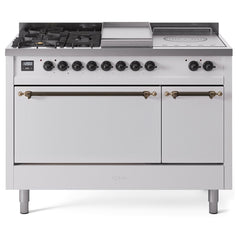 ILVE Nostalgie II 48 UP48FSQNMPWHB Freestanding Dual Fuel Range with 5 Sealed Burners Yes and French Top Double Oven with Solid Door in White with Bronze knobs