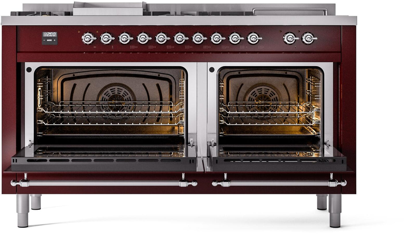 Nostalgie II 60 Inch Dual Fuel Liquid Propane Freestanding Range in Burgundy with Chrome Trim