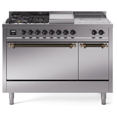 ILVE Nostalgie II 48 UP48FSQNMPSSB Freestanding Dual Fuel Range with 5 Sealed Burners Yes and French Top Double Oven with Solid Door in Stainless Steel with Bronze knobs