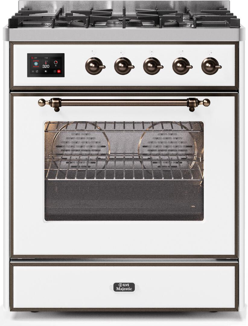 Majestic II 30 Inch Dual Fuel Natural Gas Freestanding Range in White with Bronze Trim